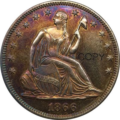 เหรียญเสรีภาพของสหรัฐอเมริกานั่งครึ่งดอลลาร์คำขวัญข้างต้นนกอินทรี1866เงินชุบทองเหลือง