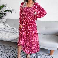 Hot sell Womens Flower Print Long Dress Square V Neck Puff Loose Swing Maxi Beach Dress Smocked Tiered Flares Free Shipping Vestidos