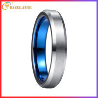 BONLAVIE 4mm Men Women Tungsten Carbide Ring Brushed Chamfer Edge Inner Blue Wedding Band Engagement Ring Waterproof Anti-Scratch Comfort Fit Size 5-10