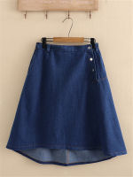 Plus Size Women S Denim Skirt Elastic Belt Button Loose Large Skirt Hem Knee-Length Skirt Thin Denim Fabric Umbrella Skirt...