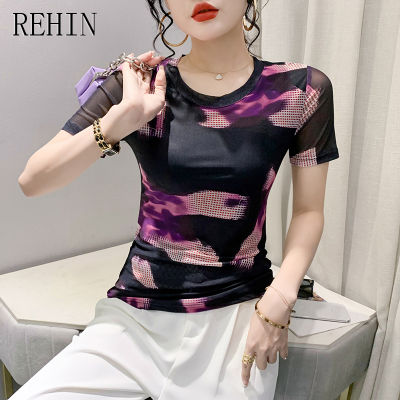 REHIN เสื้อสตรีพิมพ์ลายคอกลมสไตล์เกาหลีแบบใหม่,เสื้อแฟชั่นเสื้อกล้ามเข้ารูปพอดีแฟชั่นฤดูร้อนเสื้อยืดแขนสั้น