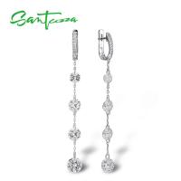 SANTUZZA Pure 925 Sterling Silver Drop Earrings For Women Shiny White CZ Elegant Long Dangling Earrings Handmade Fine Jewelry