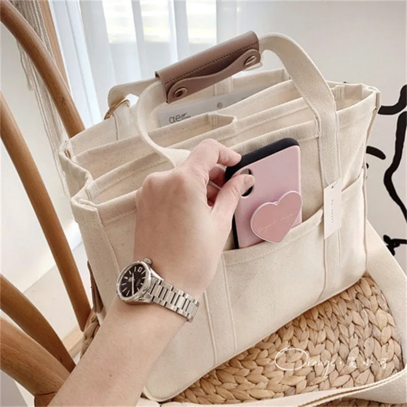 Canvas Tote Bag with Multi Pockets Crossbody Tote Bag for Women Trendy Shoulder Handbag Everything Tote Bag with Compartments