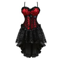 【LZ】✽✔▪  Feminino sexy laço vintage espartilho vestido gótico estampado dot cintas corset bustier topo com saia de renda define moulin rouge traje vestido