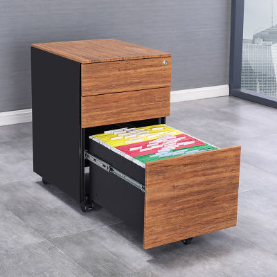Steel Wood Grain Movable Cabinet Office Three-Drawer File Cabinet Low Cabinet Bedside Iron Cabinet File Locker with Lock