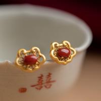 Natural South Red Agate Chinese Style Auspicious Ruyi Lock Sterling Silver Ancient Method Gold Earrings Feminine Temperament High Grade Earrings CTRZ