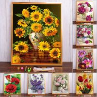 Meian DIY Flower Embroidery Set 11/14CT Lavender Peony Sunflower Pattern Cross Stitch Kits Printed Canvas DMC Needlework Gift Needlework