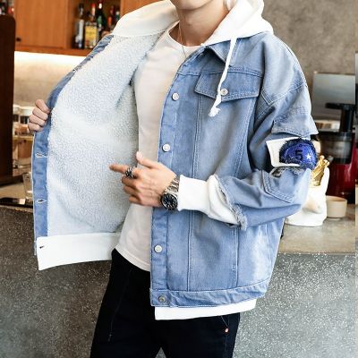 [COD] and winter mens fleece thickened denim jacket new style loose fake two-piece