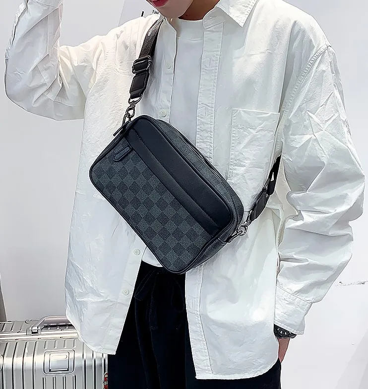 Ready Stock] Mens Leather Sling Bag Rectangular Grid Waist Bag