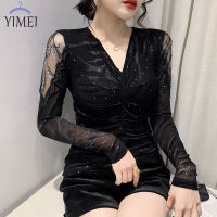 YIMEI เสื้อเชิ้ตคลุมก้นมีแขนยาวสีดำสำหรับผู้หญิง,เสื้อยืดคอวีเซ็กซี่ใหม่2023ฤดูใบไม้ร่วง/ฤดูหนาวเสื้อตาข่ายประดับเพชรกลวงสำหรับผู้หญิง