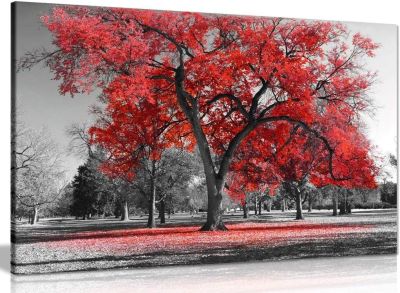 ต้นไม้ใหญ่ใบไม้สีแดงสีดำสีขาวธรรมชาติศิลปะบนผืนผ้าใบสำหรับติดกำแพงรูปภาพ Printin
