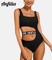 Anfilia Womens Cutout ชุดว่ายน้ำชุดว่ายน้ำ Monokini Letter Print Swimwear