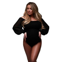 Chiffon Sleeves Bodysuit Maternity Photoshoot Black Top Featuring Off Shoulder Neckline Bodysuit Maternity