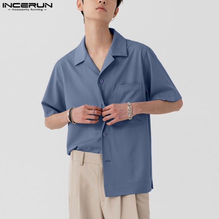 incerun-เสื้อเบลาส์คาร์โก้คอวีแขนสั้นทรงหลวมติดกระดุมเสื้อ-สไตล์เกาหลี