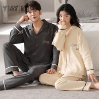 [YI&amp;YING] Waffle Pure Cotton Couple Pajamas New Korean Long sleeved Cardigan Casual Mens Home Furnishing Womens WAZC247