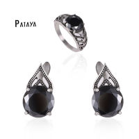 PATAYA Famous Designer Jewelry Set Women Black Natural Zircon Ring Earrings Set True White Gold Fine Wedding Accessories Jewelry