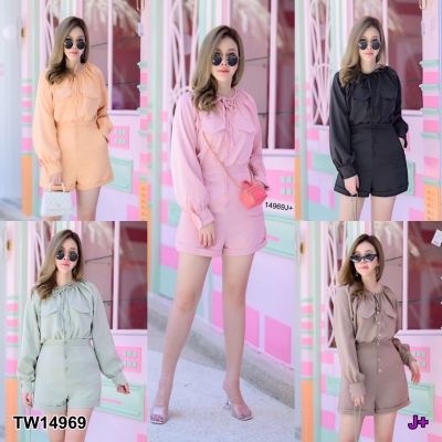 TW14969 Jumpsuit #สาวอวบ จั๊มสูทขาสั้น คอผูกเชือก กระดุมหน้า แขนยาว