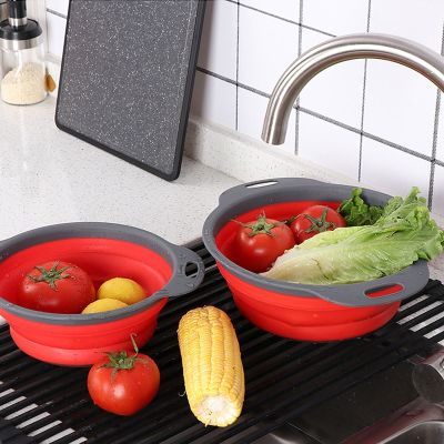 ♚☬▪ 2-Piece Set of Collapsible Silicone Colanders with Drain Net and Strainer Portable and Durable Easy To Store and Clean Kitchen