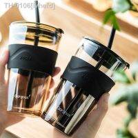 ◙ ivhefd Copo de café com leite palha vidro resistente calor tampa Cold Brew Cup Silicone 450ml