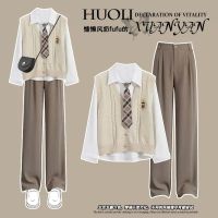 Spot parcel post Spring Suit Girls Korean-Style Loose Long-Sleeved Shirt + College Style Vest High Waist Wide Leg Pants Three-Piece Suit Fashion