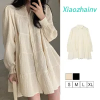 Xiaozhainv Korean Fashion Solid Color Pleated Long-sleeved Shirt Dress Chiffon Dress Women