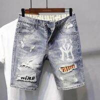 CODkecanm8 hole patch denim shorts men s trendy brand net red trend wild five-point pants summer new printed middle pants-Hole lelaki liar seluar lima titik musim panas tengah baru dicetak