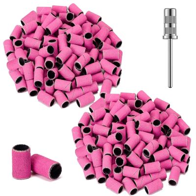 【YF】 180 Fine Grit Nail Sanding Caps for Drill 50Pcs Pink Bands with 1 Mandrel Bits Manicures Pedicures