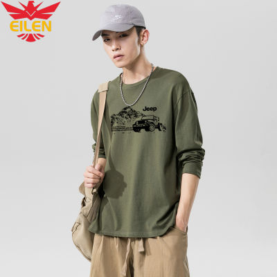 EILEN เสื้อยืดแขนยาวผู้ชาย,เสื้อยืดฉบับภาษาเกาหลีสีเขียวทหารเสื้อยืดคอกลมเสื้อแขนยาวของผู้ชายขนาดใหญ่มีสินค้าในสต็อก
