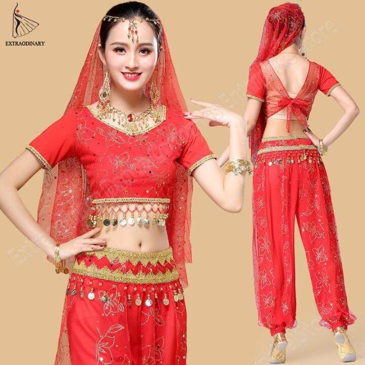 hot-dt-bollywood-costumes-set-belly-sari-dancewear-coin-top-pants-veil-headwear