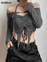 Goth Dark Vintage Mall Gothic Drawstring ผู้หญิงเสื้อยืด2ชิ้นชุด Y2k R Fairy Grunge Camisole แขนยาวหัวเข็มขัด Crop Tops