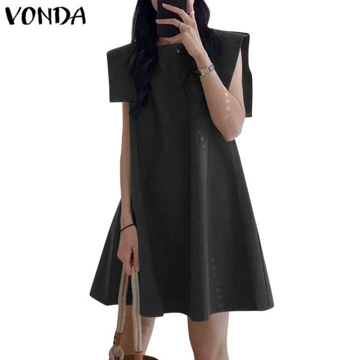 vonda-ชุดมินิเดรส-แขนกุด-คอกลม-สีพื้น-ทรงหลวม-สไตล์เกาหลี-สําหรับสตรี