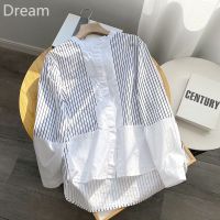 [Pure cotton good quality] small stand collar elegant striped shirt discount tail striped stitching shirt V729