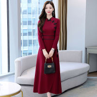 【CW】Chinese Style Slim Midi Cheongsam Dress Women Spring Vintage Buckle Belted Long Sleeve Dress Elegant Female Chic Party Dresses