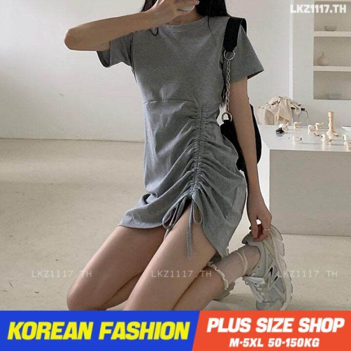 plus-size-เสื้อผ้าสาวอวบ-เดรสสาวอวบอ้วน-ไซส์ใหญ่-ผู้หญิง-เดรสเสื้อยืด-ทรงหลวม-แขนสั้น-คอกลม-เชือกรูด-สีดำ-ฤดูร้อน-สไตล์เกาหลีแฟชั่น