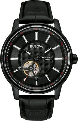 Bulova Mens Classic Automatic Watch with Leather Strap Black-Tone Black Leather Strap