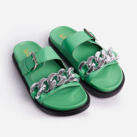 Metal Chain Slippers Women Beach Platform Slides 2022 Summer Ladies Flat Sandals Khaki White Black Green Shoes zapatos de mujer