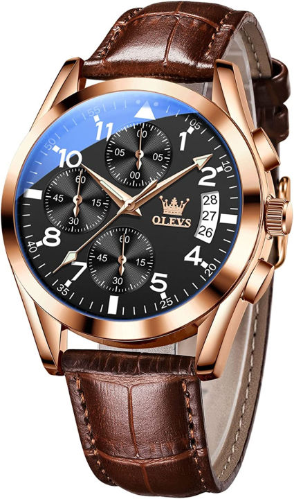 olevs-mens-casual-leather-watch-big-face-chronograph-watch-for-men-fashion-easy-to-read-dress-watch-mens-waterproof-luminous-date-analog-watch-gold-black-white-blue-dial-rose-gold-black-dial-brown-lea