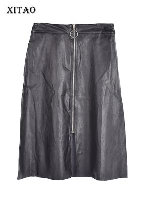 XITAO Skirt  Street Solid Color Zipper Decoration Women Black Pu Skirt