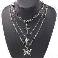 2021 3 Layers Hip Hop Cool Silver Color Cross Choker Necklaces For Women Simple Butterfly Angel Long Pendant Necklace Jewelry Fashion Chain Necklaces