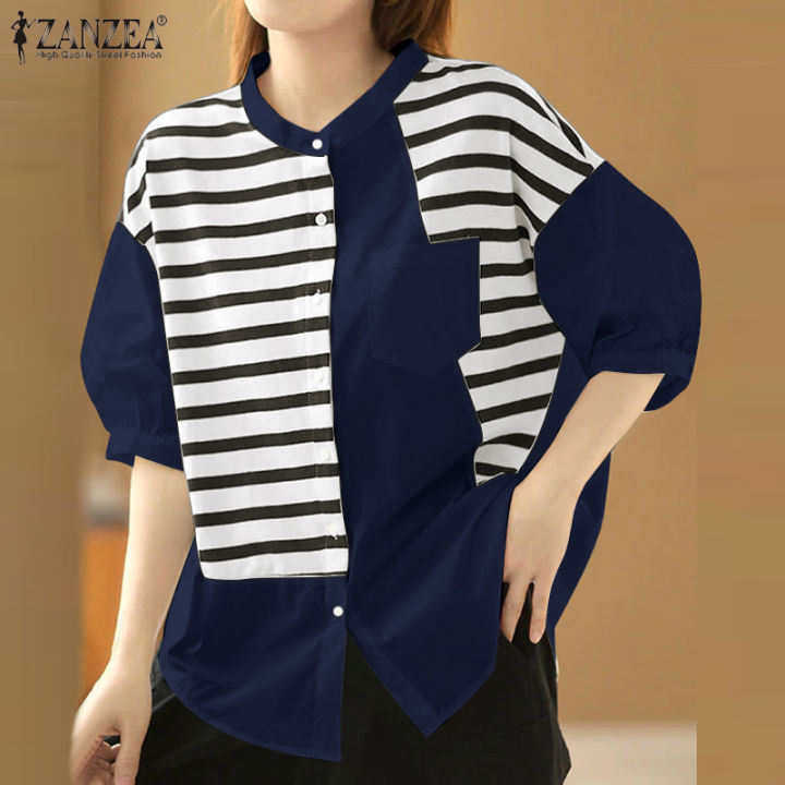 สินค้ามาใหม่-จัดส่งฟรี-fancystyle-zanzea-เสื้อเย็บลายทางสไตล์เกาหลีของผู้หญิงเสื้อพัฟแขน3-4เสื้อคอวีเสื้อหลวมลำลอง-10