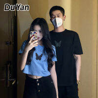 Du Yan เสื้อยืดแขนสั้นสะท้อนแสงรูปผีเสื้อคู่,เสื้อนักเรียนสั้นไฟติดอินสตาแกรมสำหรับผู้หญิงดีไซน์ใหม่