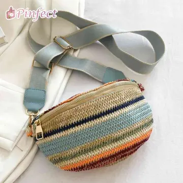 Striped Straw Crossbody Bag For Women 2023 New Chest Packs Fashion