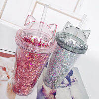 [High-End ถ้วย] 420Ml หูแมวขวดน้ำสำหรับสาวเลื่อม BPA ฟรี Double Wall Tumbler ฟาง Reusable Smoothie ถ้วย Drinkware