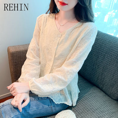 REHIN เสื้อปักมาใหม่ล่าสุดผู้หญิง2023ฤดูใบไม้ร่วง,เสื้อปักกระดุมการออกแบบที่ไม่เหมือนใครแขนยาวเสื้อเชิ้ตผู้หญิงแขนพอง