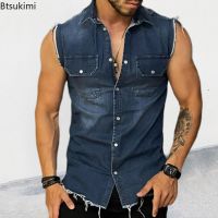 New 2023 Summer Mens Denim Vest T Shirts Lapel Pocket Sleeveless Tank Top Hip Hop Jean Jacket Waistcoat Coat Muscle Mens TopsTH