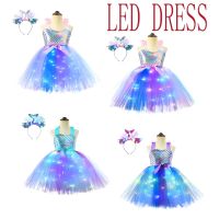 ZZOOI Little Mermaid Princess Dresses with LED Lights for Mermaid Birthday Party Costumes Halloween Clothes Set for Dress Up Outfit