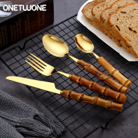 Onetwone ไม้ไผ่จับมีดสแตนเลสตะวันตกบนโต๊ะอาหารรับประทานอาหาร Flatware ช้อนส้อมช้อนชาสเต็กตัดขนมกาแฟช้อนส้อม