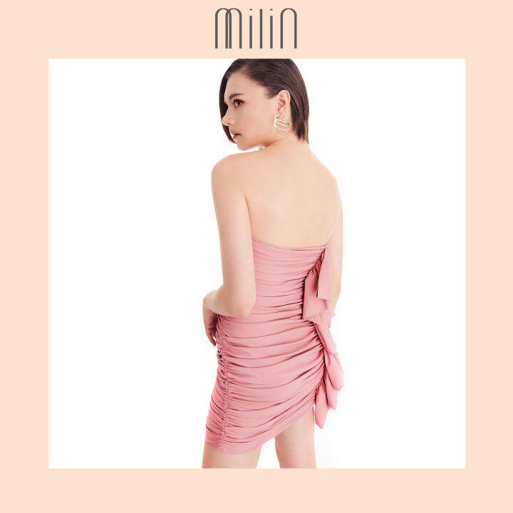 milin-ruched-detail-with-side-ruffle-sleeveless-mini-dress-เดรสสั้นเกาะอกเข้ารูปจับจีบย่น-azure-dress-สีชมพู-สีเทา