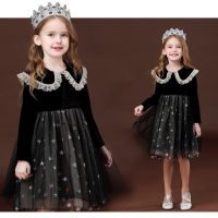 Girls Casual Wear Princess Dress Up Velvet Autumn Lace Flower Princess Elegant Sweet Tutu Party Dresses Children Clothes