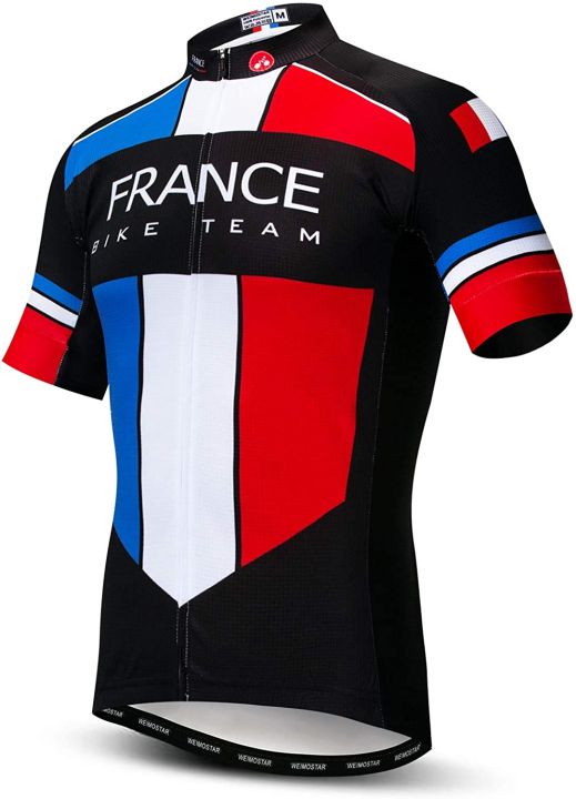 ชุดกีฬากลางแจ้งซิปขี่จักรยานแขนสั้นสำหรับผู้ชายแห้งเร็วทีมฝรั่งเศสมืออาชีพ